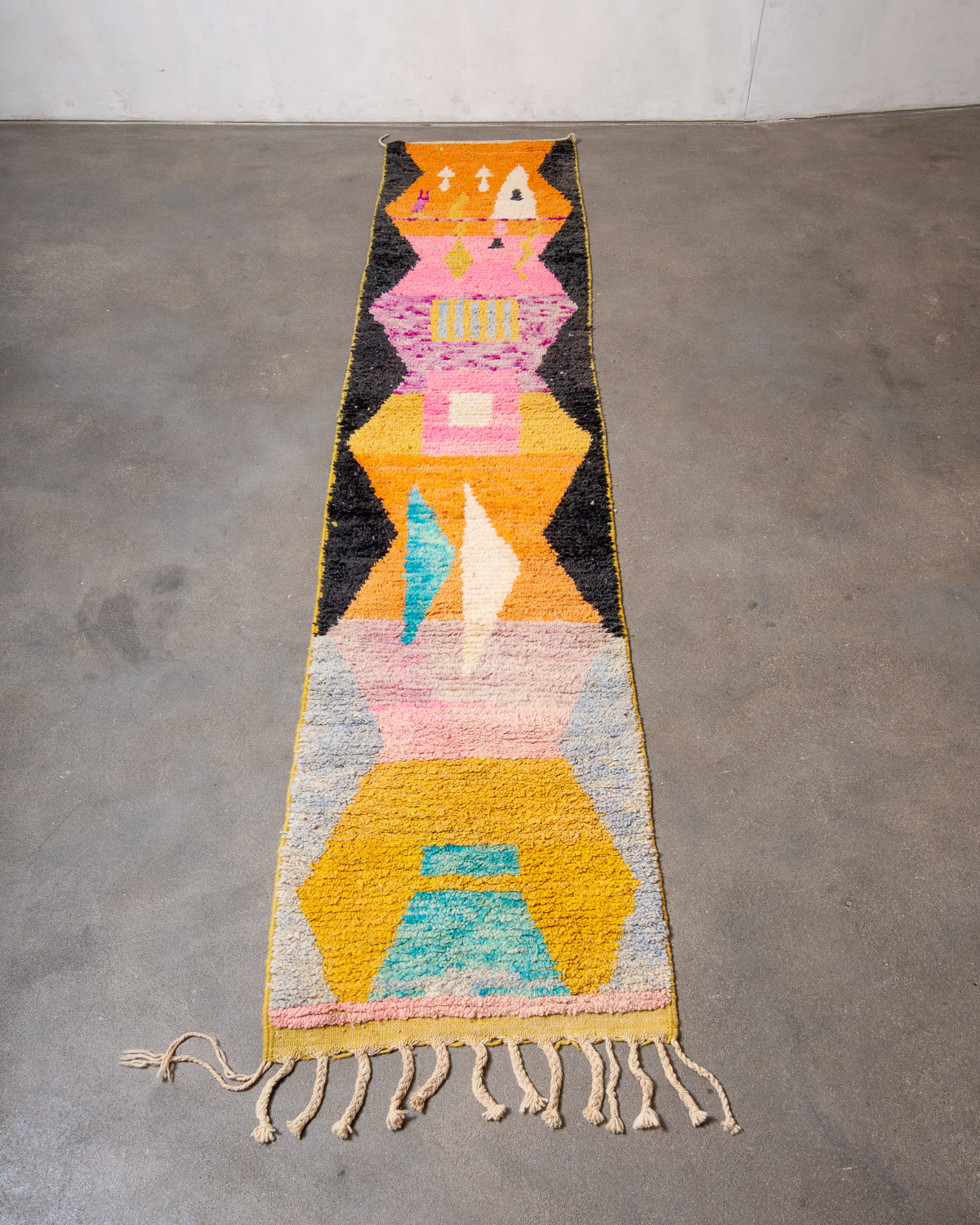 Modern, designer, handcrafted Berber runner rug from Morocco. Vintage carpet with beautiful colours and patterns and fluffy texture.